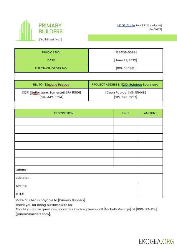 Modèle de facture d'entrepreneur général